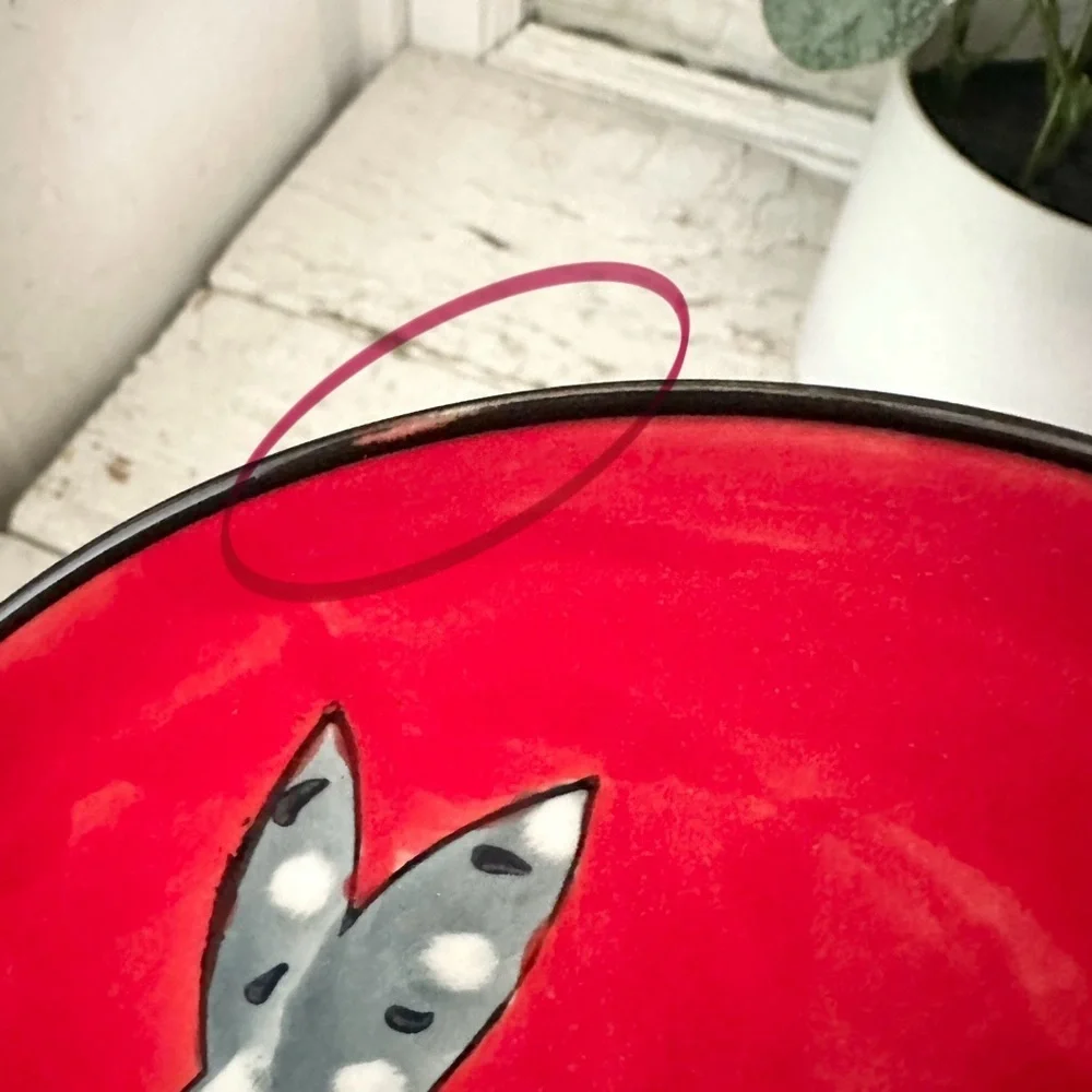 3/$22🩶 West Elm Bunny Rabbit Red Plate 6.25” Handpainted Polka Dot Animal Salad